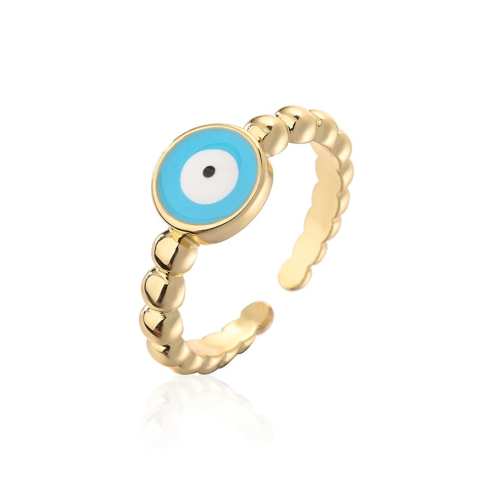 Greek Evil Eye Aqua Blue Copper Evil Eye Adjustable Ring