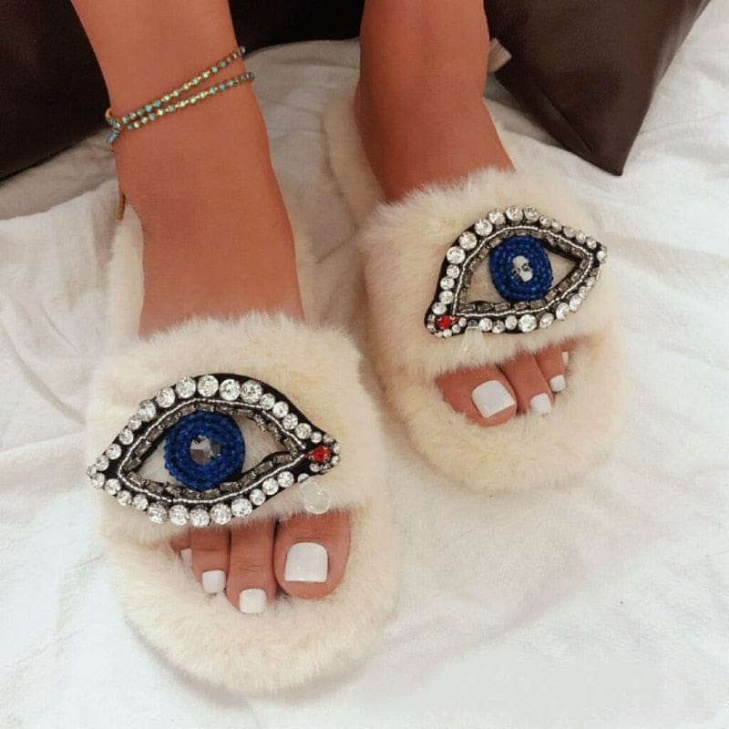 Greek Evil Eye Beige / 35 Evil Eye Comfortable Faux Fur Sandal