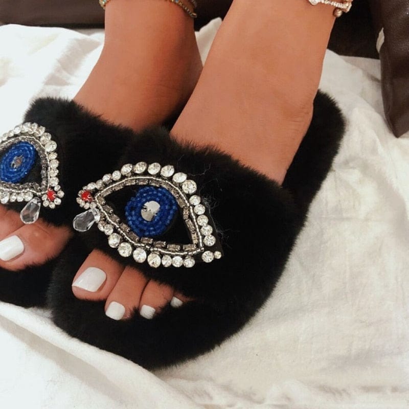 Greek Evil Eye Black / 35 Evil Eye Comfortable Faux Fur Sandal