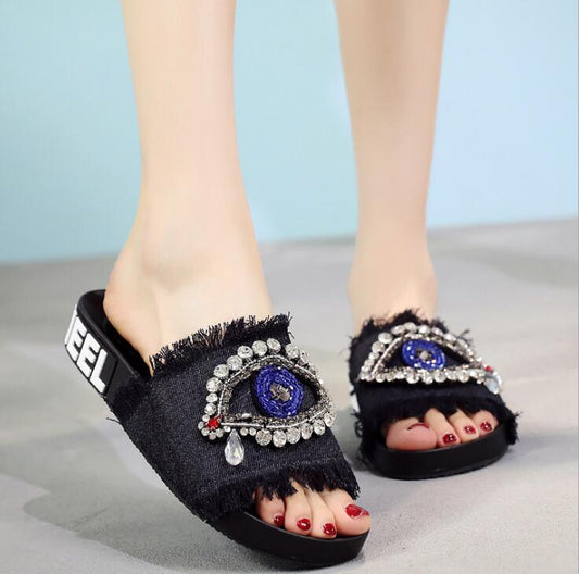 Greek Evil Eye Black / 4 Evil Eye Sandal with Rhinestones