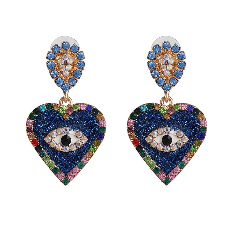 Greek Evil Eye Blue-Heart Evil Eye Drop Earrings