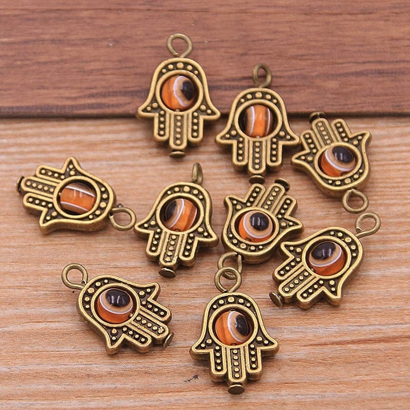 Greek Evil Eye Bronze Orange Evil Eye Hamsa Hand Charm Pendants