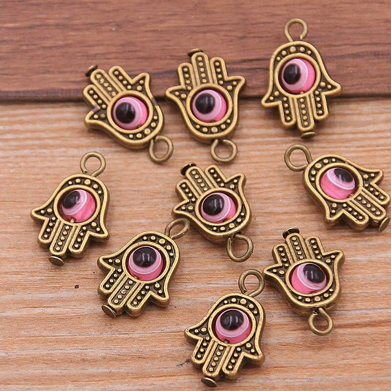 Greek Evil Eye Bronze Pink Evil Eye Hamsa Hand Charm Pendants