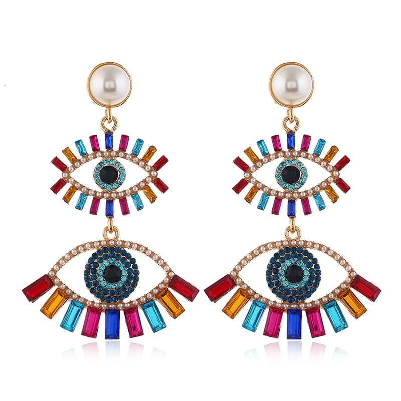 Greek Evil Eye Design-9 Rhinestone Evil Eye Drop Earrings