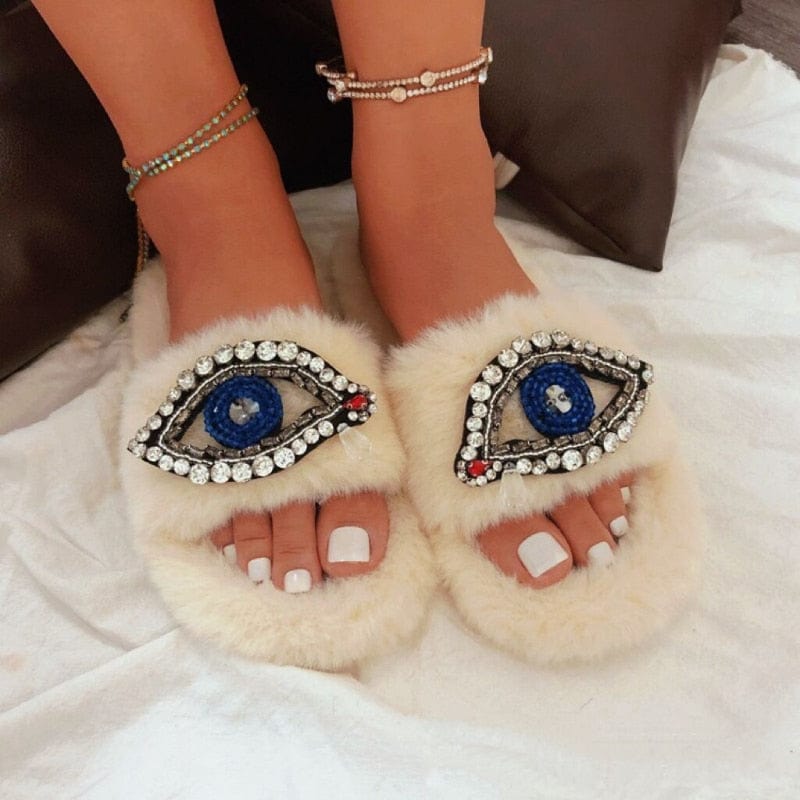 Greek Evil Eye Evil Eye Comfortable Faux Fur Sandal