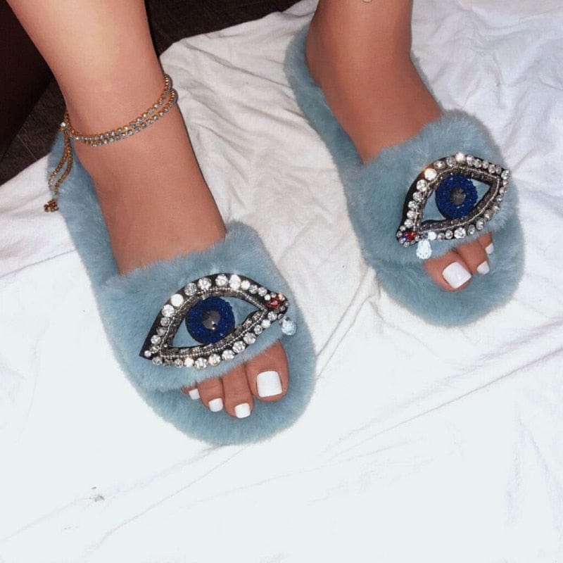 Greek Evil Eye Evil Eye Comfortable Faux Fur Sandal