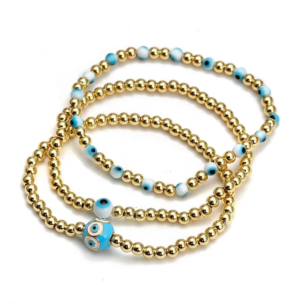 Greek Evil Eye Gold & Aqua /3peice Evil Eye Golden Beaded Bracelet