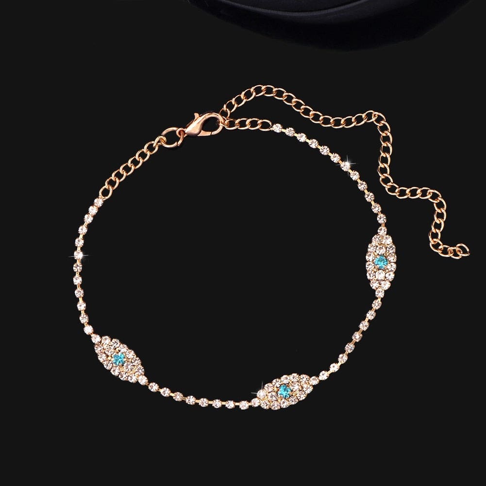 Greek Evil Eye Gold Aqua Evil Eye White Zircon  Anklet