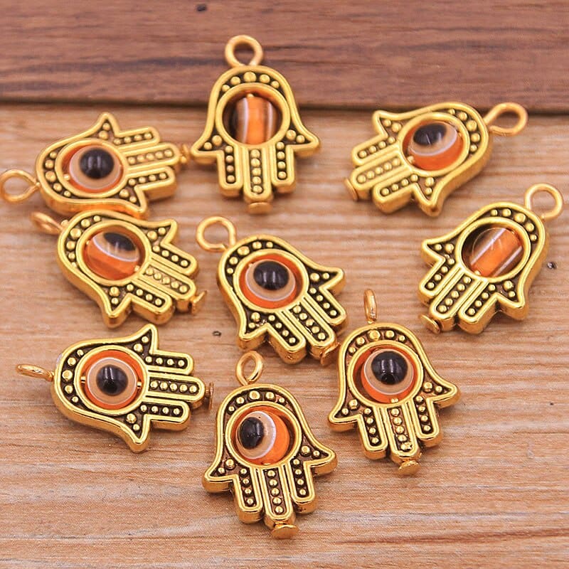 Greek Evil Eye Gold Orange Evil Eye Hamsa Hand Charm Pendants