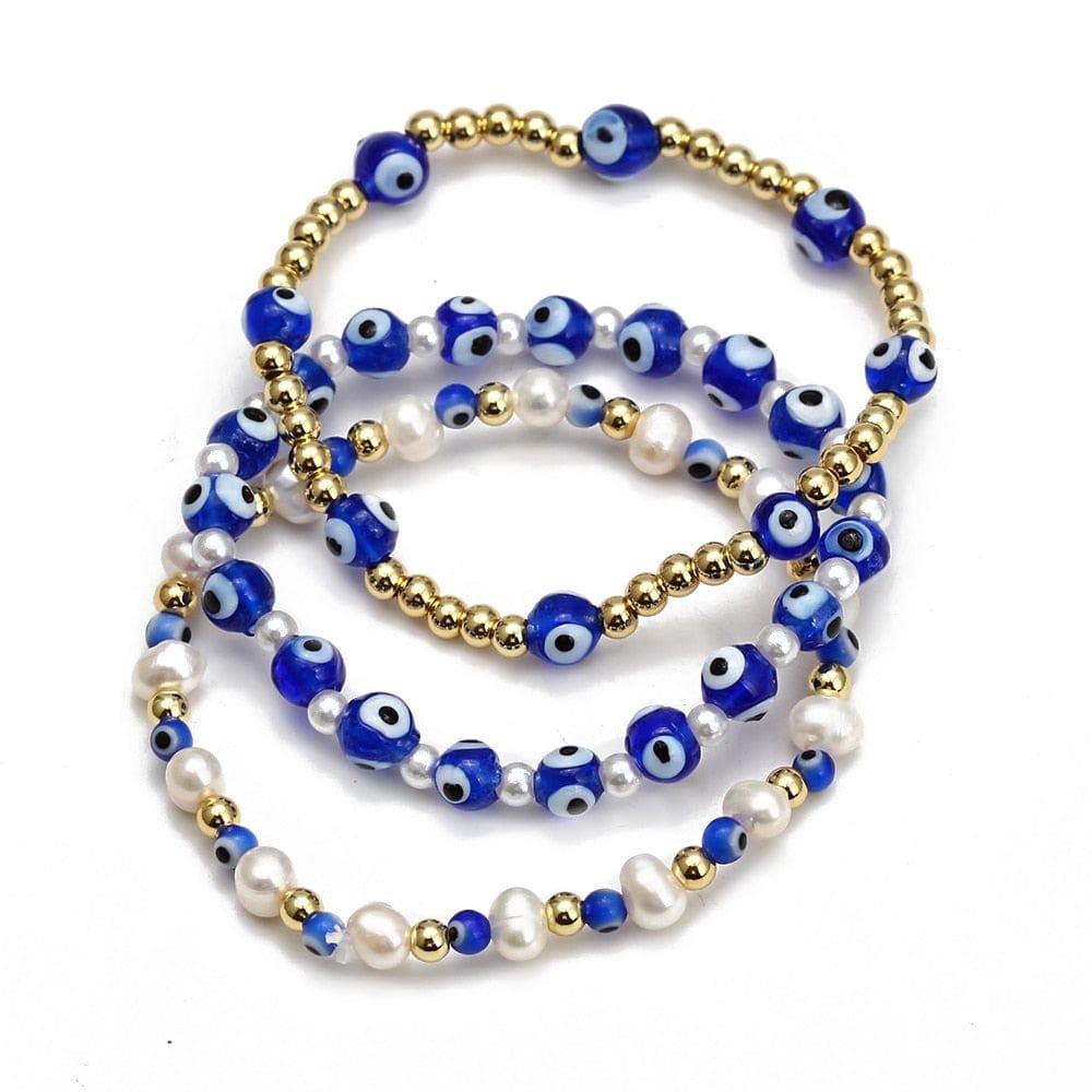 Greek Evil Eye Golden & Blue /3peice Evil Eye Golden Beaded Bracelet