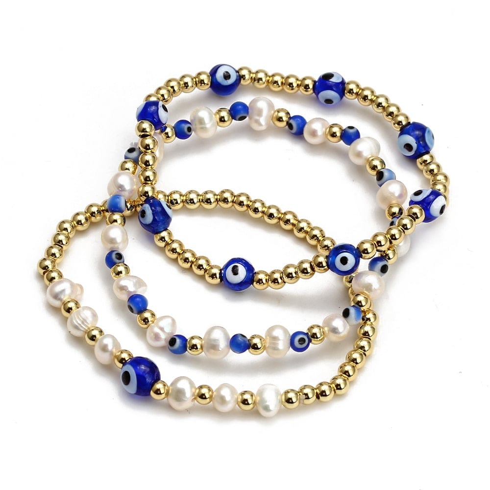 Greek Evil Eye Golden & White /3peice Evil Eye Golden Beaded Bracelet