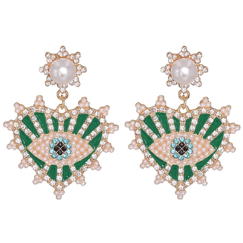 Greek Evil Eye Green-Heart Evil Eye Drop Earrings