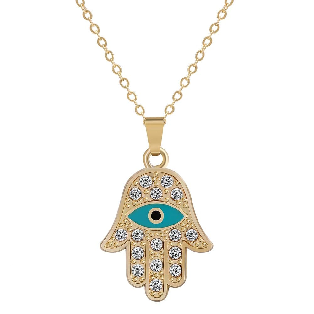 Greek Evil Eye Hamsa-Hand Evil Eye 14k Gold Plated Necklace