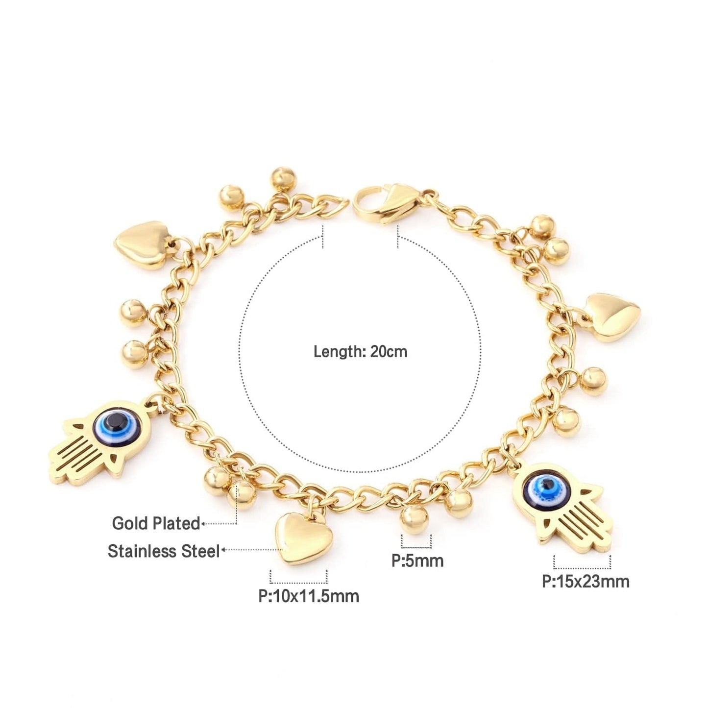 Greek Evil Eye Hand & Heart Colorful Evil Eye Charm Bracelet