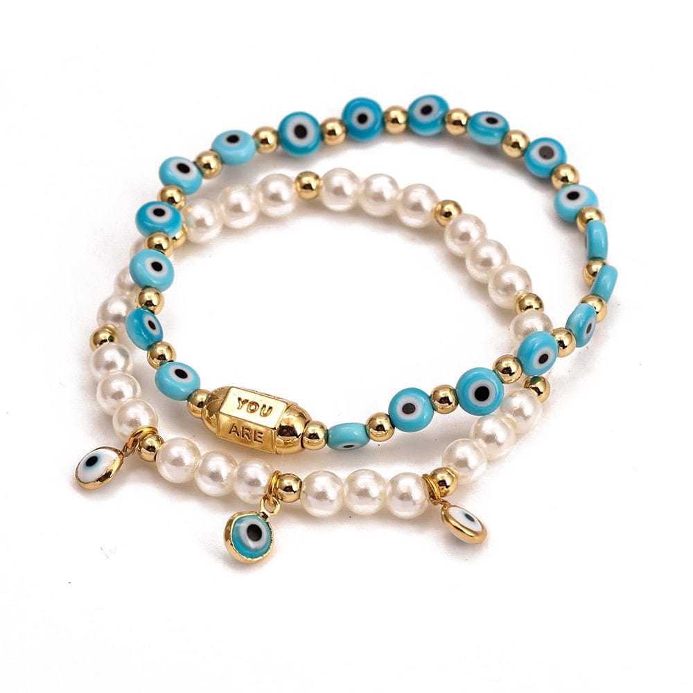 Greek Evil Eye Pearl & Aqua  /2peice Evil Eye Golden Beaded Bracelet