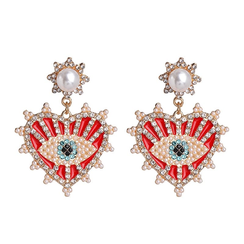 Greek Evil Eye Red-Heart Evil Eye Drop Earrings