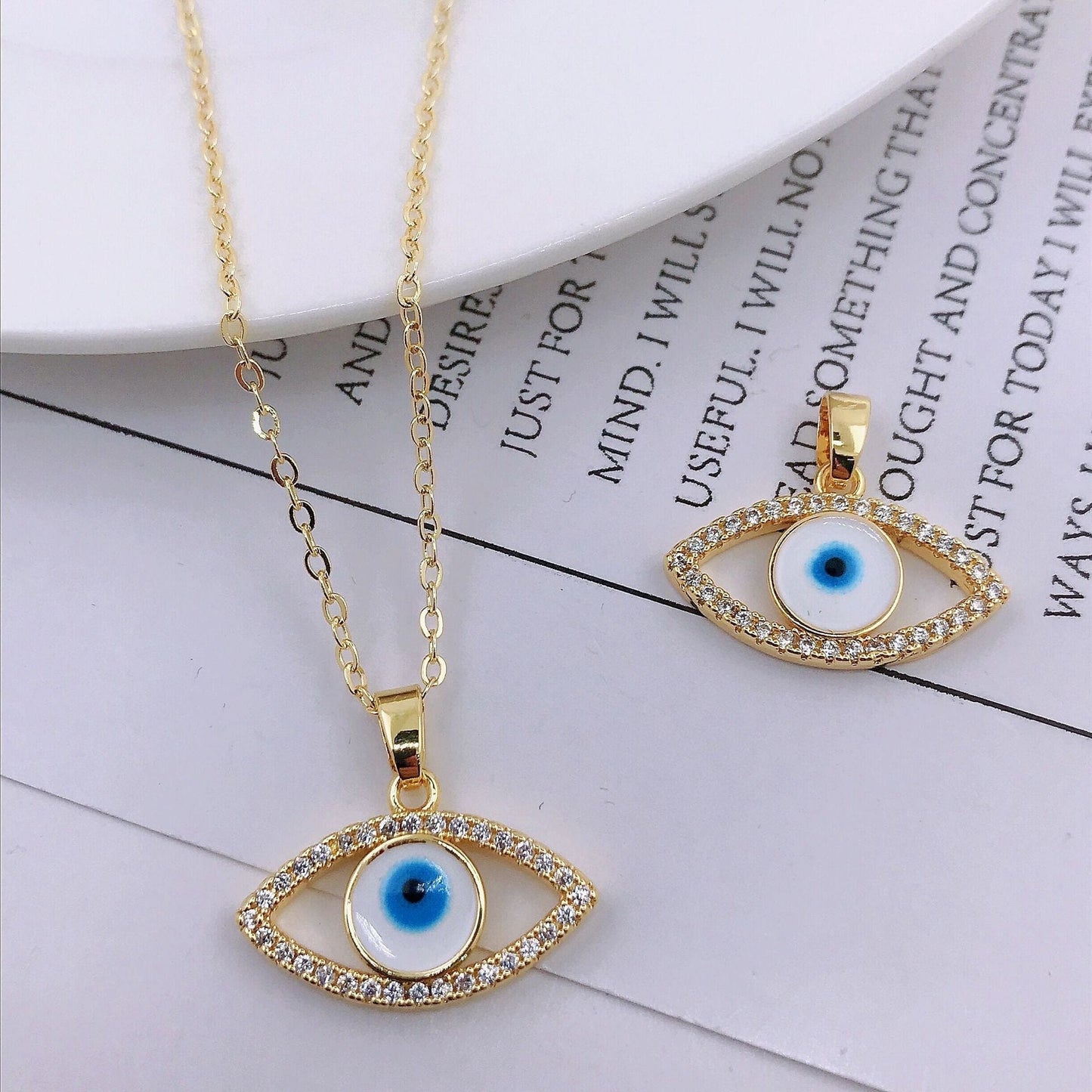 Greek Evil Eye Rhinestone Evil Eye 14K Gold Necklace