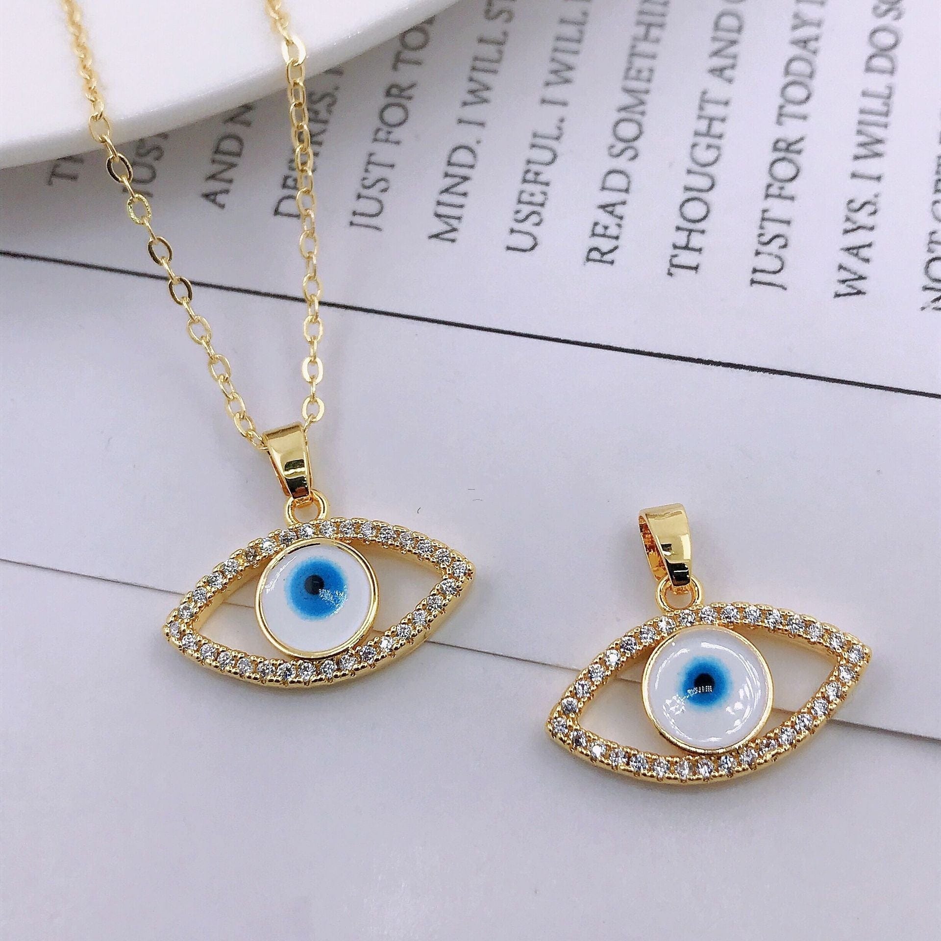 Greek Evil Eye Rhinestone Evil Eye 14K Gold Necklace