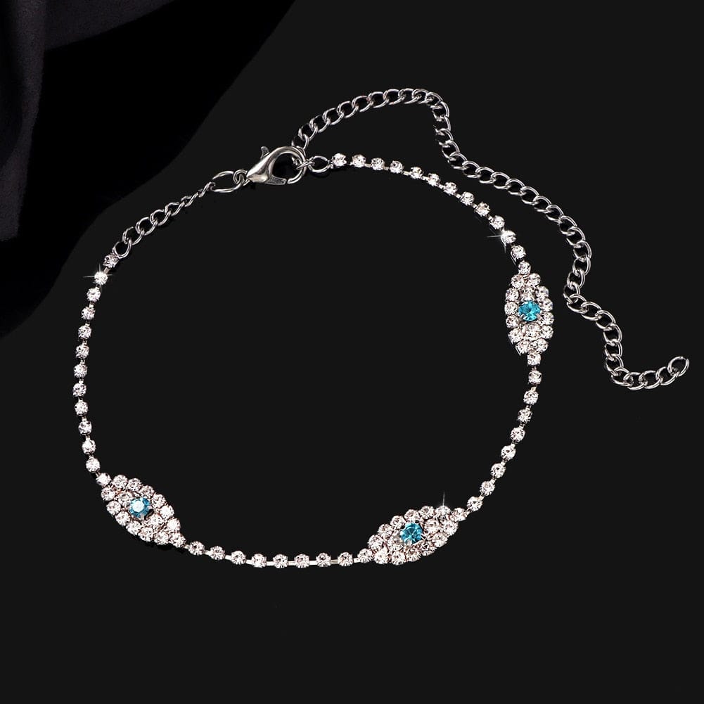 Greek Evil Eye Silver Aqua Evil Eye White Zircon  Anklet