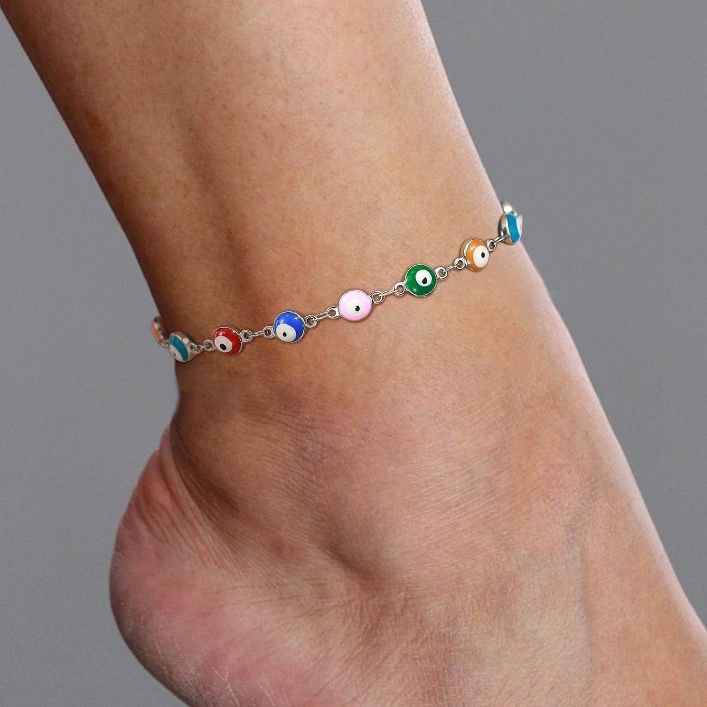 Greek Evil Eye Silver-Colorful Adjustable Evil Eye Charm Anklet