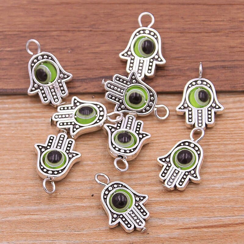 Greek Evil Eye Silver Green Evil Eye Hamsa Hand Charm Pendants