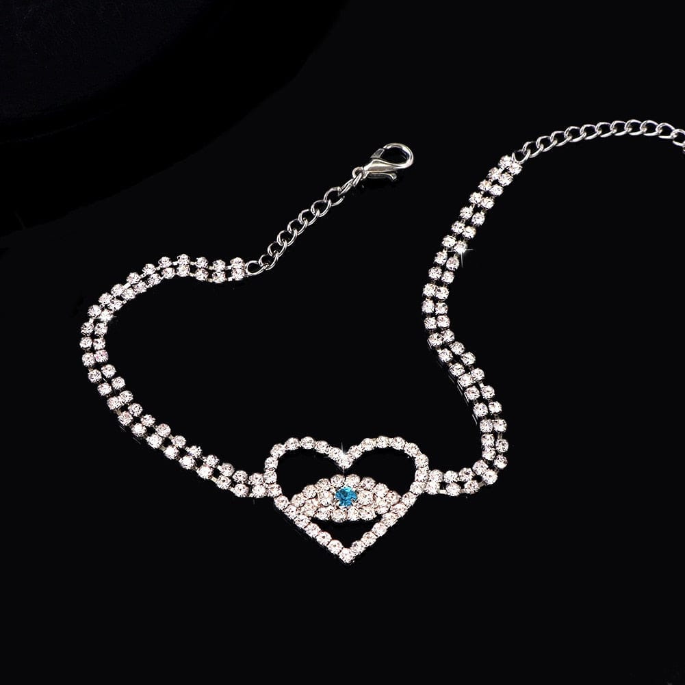 Greek Evil Eye Silver Heart Evil Eye White Zircon  Anklet