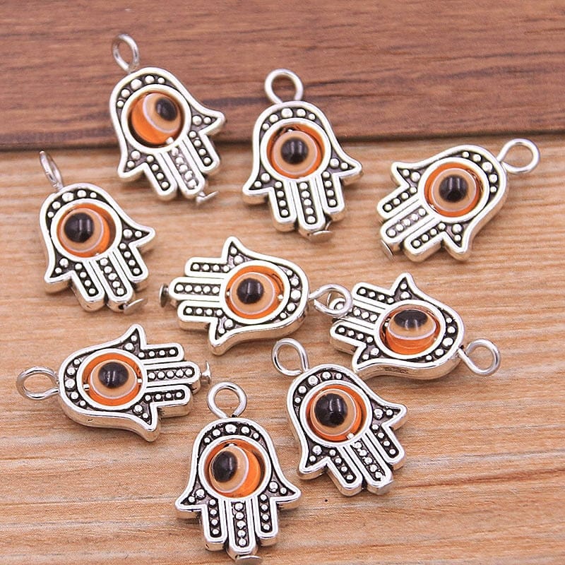 Greek Evil Eye Silver Orange Evil Eye Hamsa Hand Charm Pendants