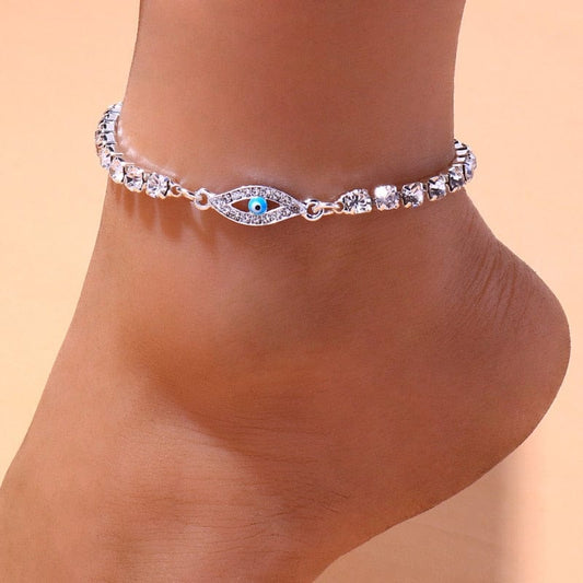 Greek Evil Eye Silver Plated Rhinestone Evil Eye Women Anklet