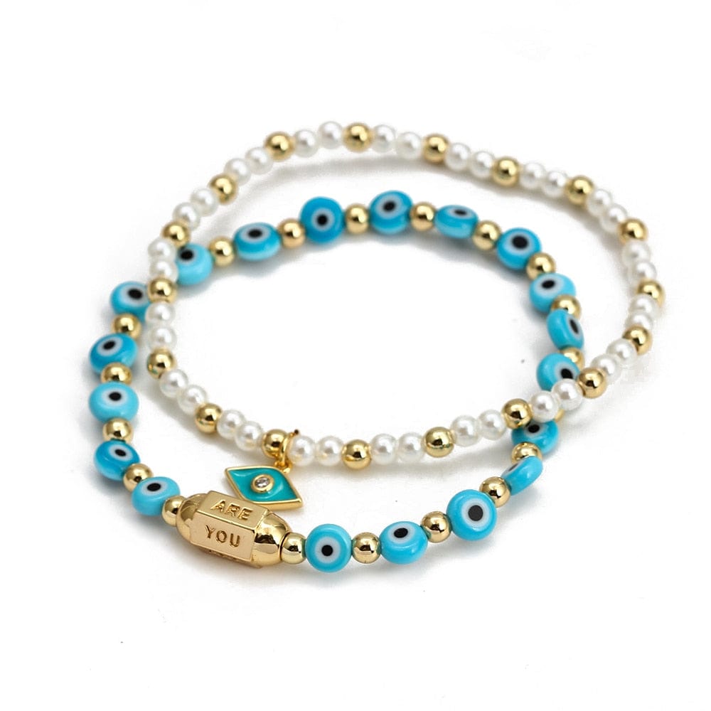 Greek Evil Eye White & Aqua /2peice Evil Eye Golden Beaded Bracelet