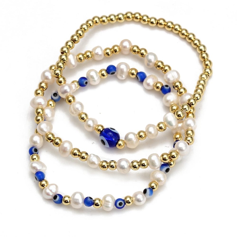 Greek Evil Eye White & Blue /3peice Evil Eye Golden Beaded Bracelet