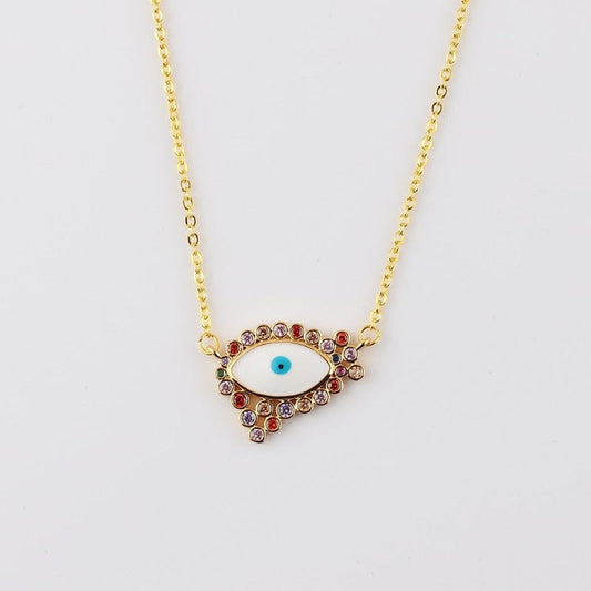 Greek Evil Eye White Evil Eye Golden Long Chain Necklace