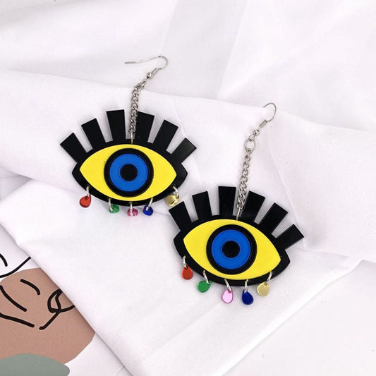 Greek Evil Eye Yellow Evil Eye Drop Earrings with colorful Beads